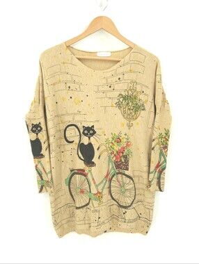 Ellazhu Dolman Sleeve Cat Novelty Print Sweater Ribbed Sleeves Art To Wear Artsy